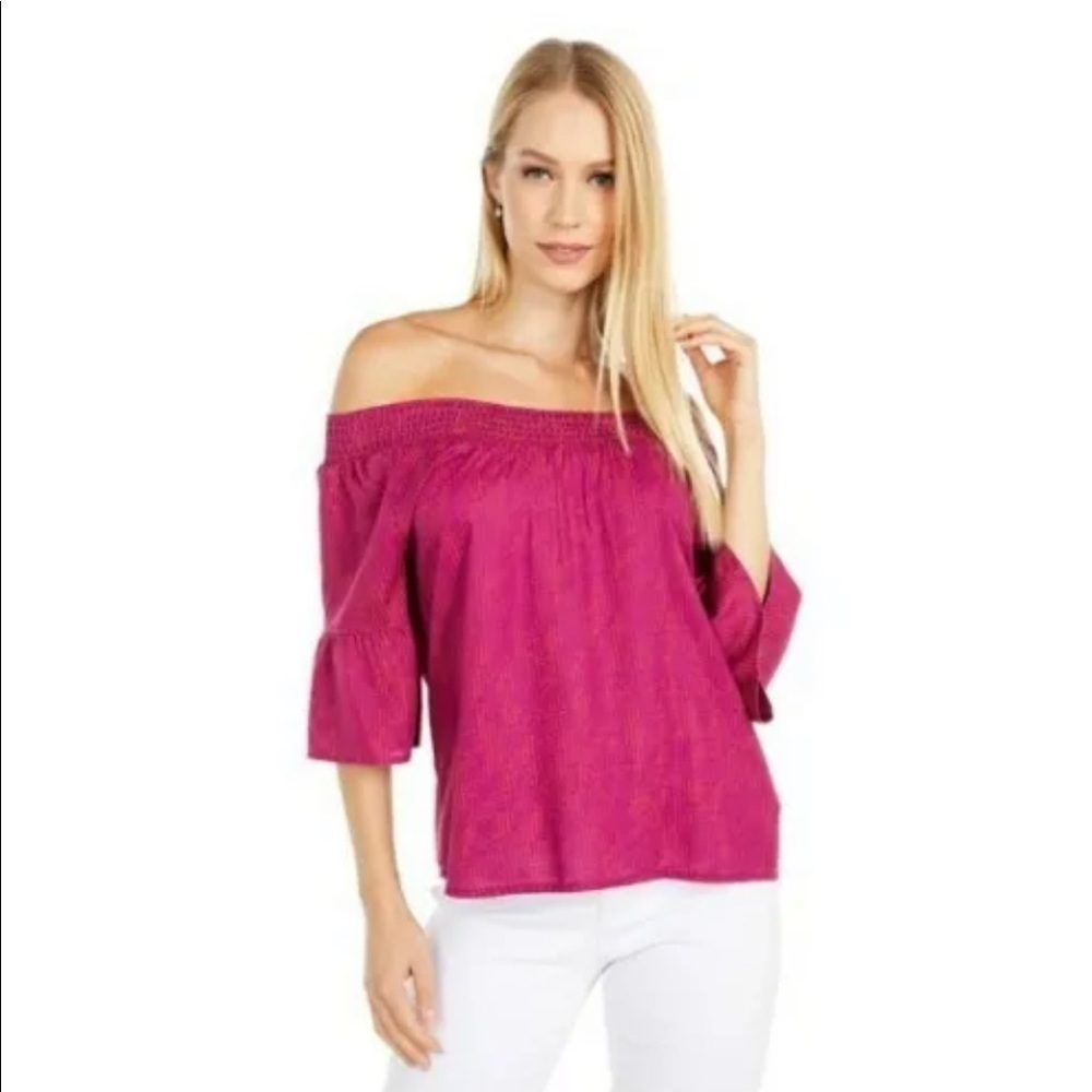 prAna NWT Women's Chryssa Off Shoulder Ruffle Sleeve Top Purple Sprinkle